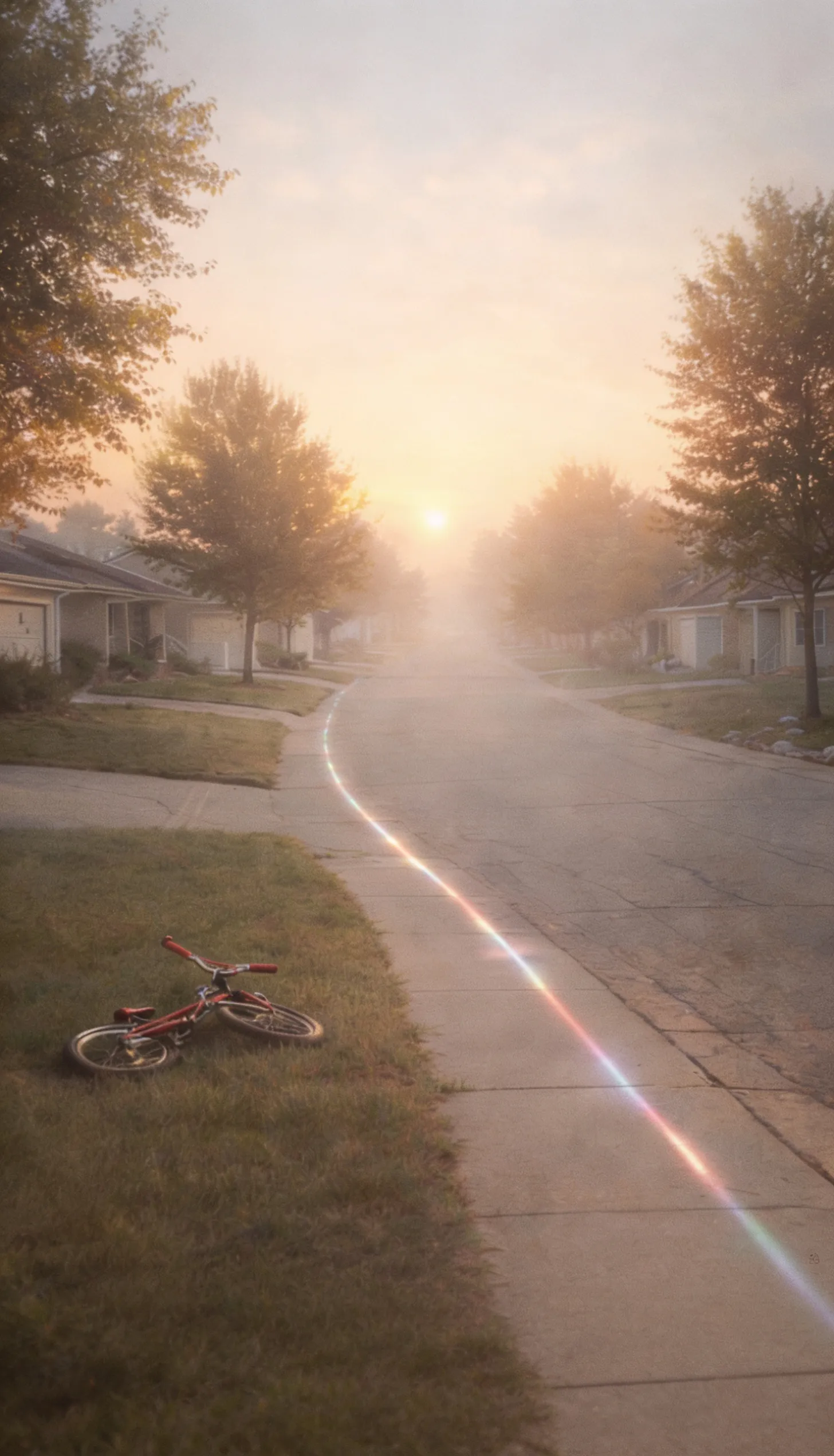 Quiet suburban street with a red bicycle on a sidewalk at dusk