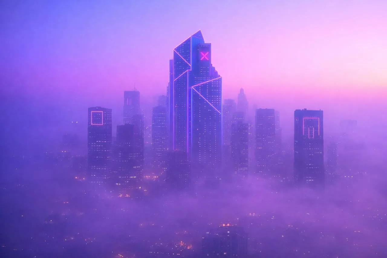 Neon skyline at dawn in a corporate park