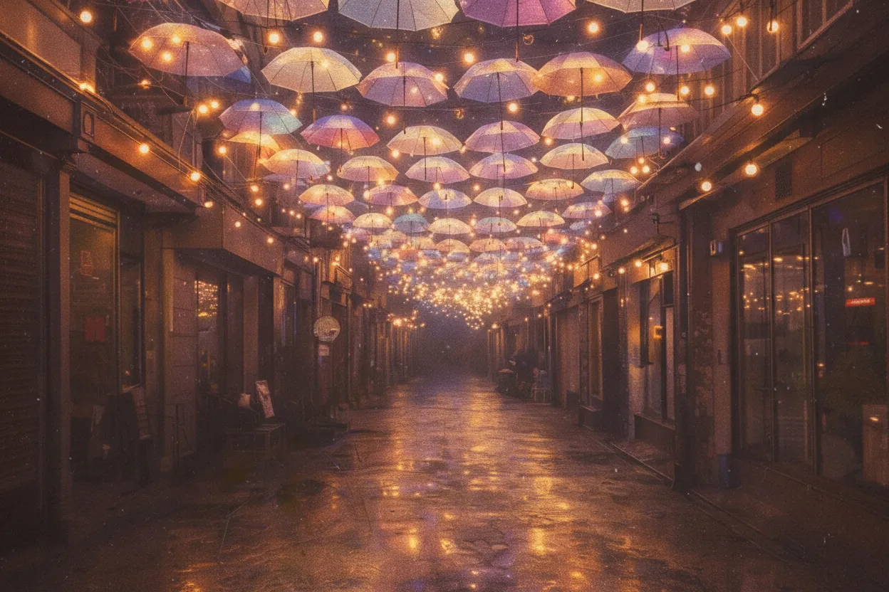 Alley covered with glowing paper umbrellas