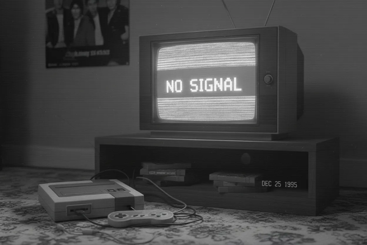 CRT television showing NO SIGNAL next to a game console