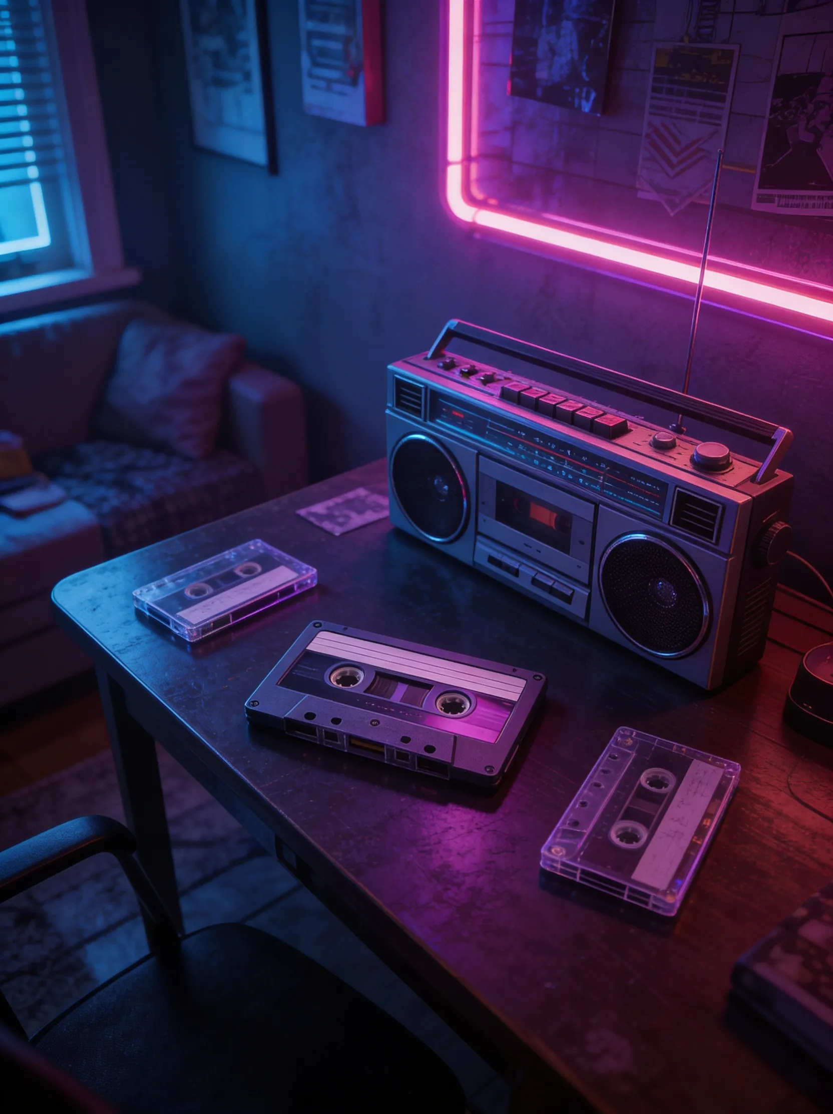 Half-empty diner table under neon light