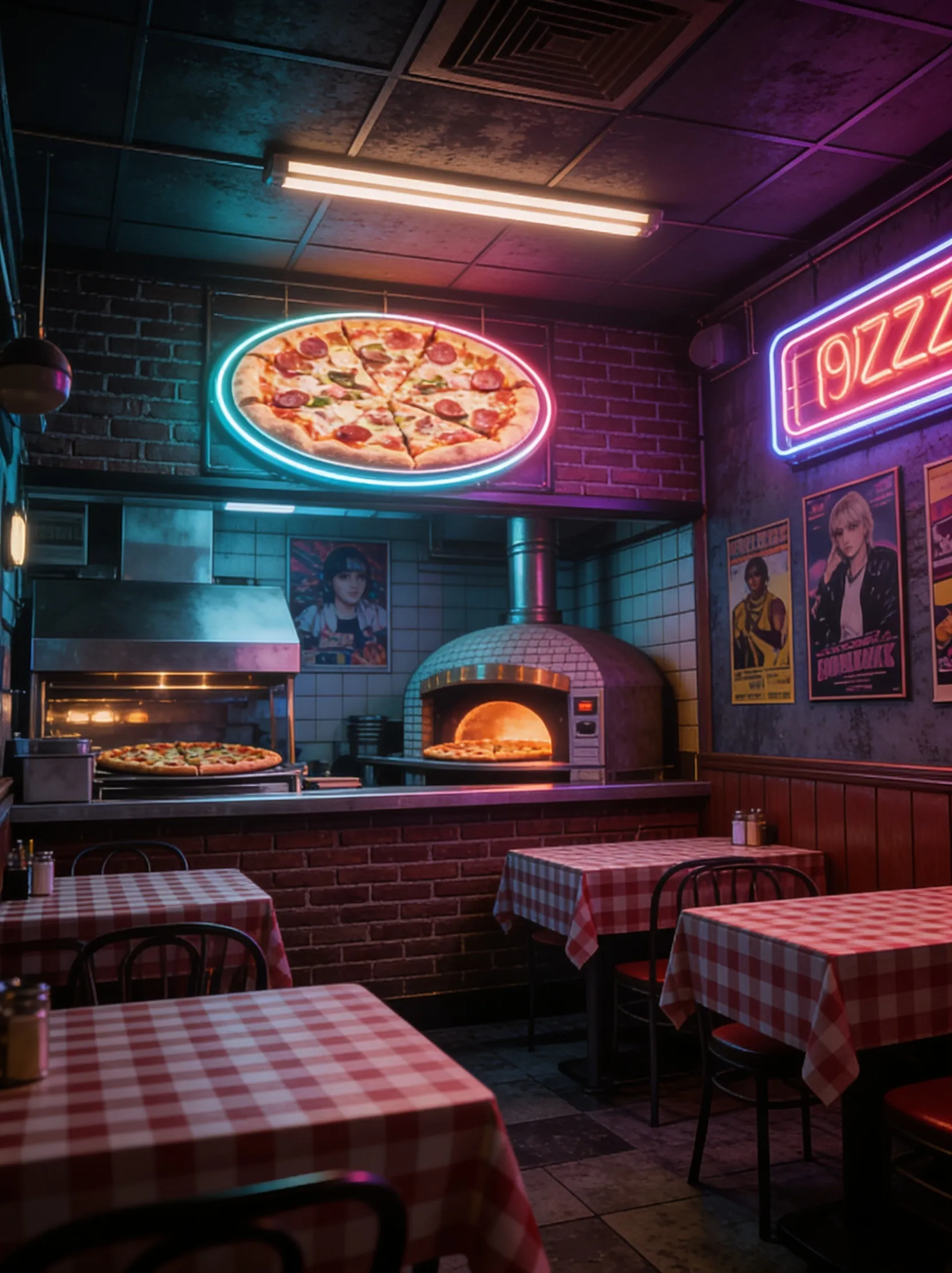 Inside a neon-lit pizzeria