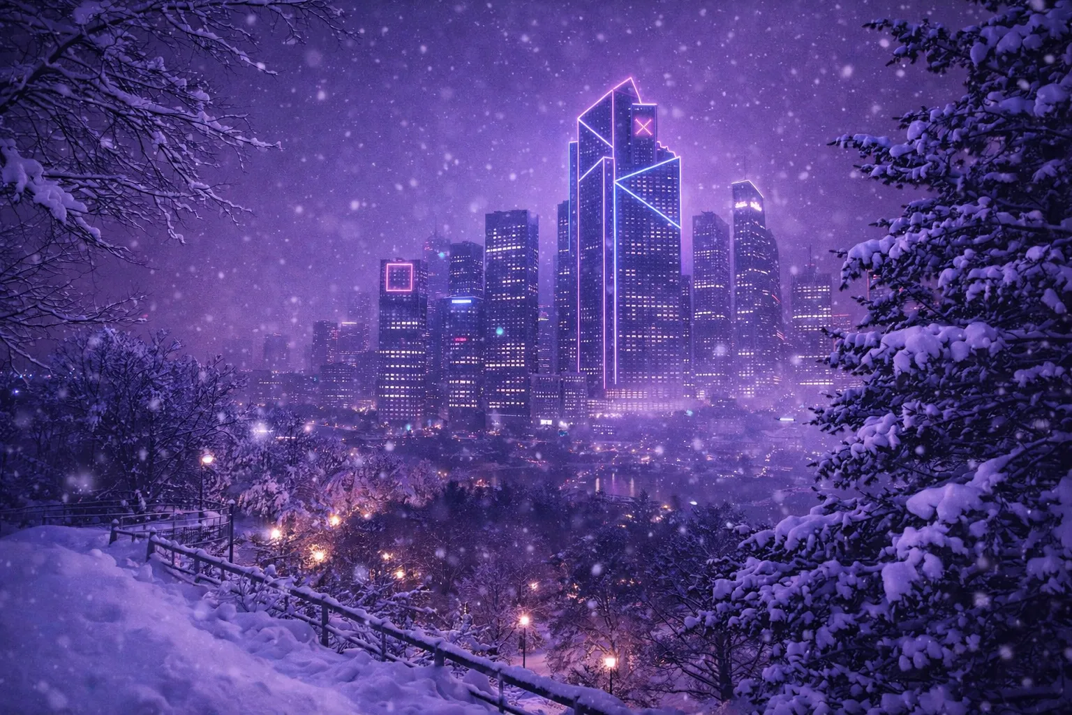 Snowy skyline bay at night