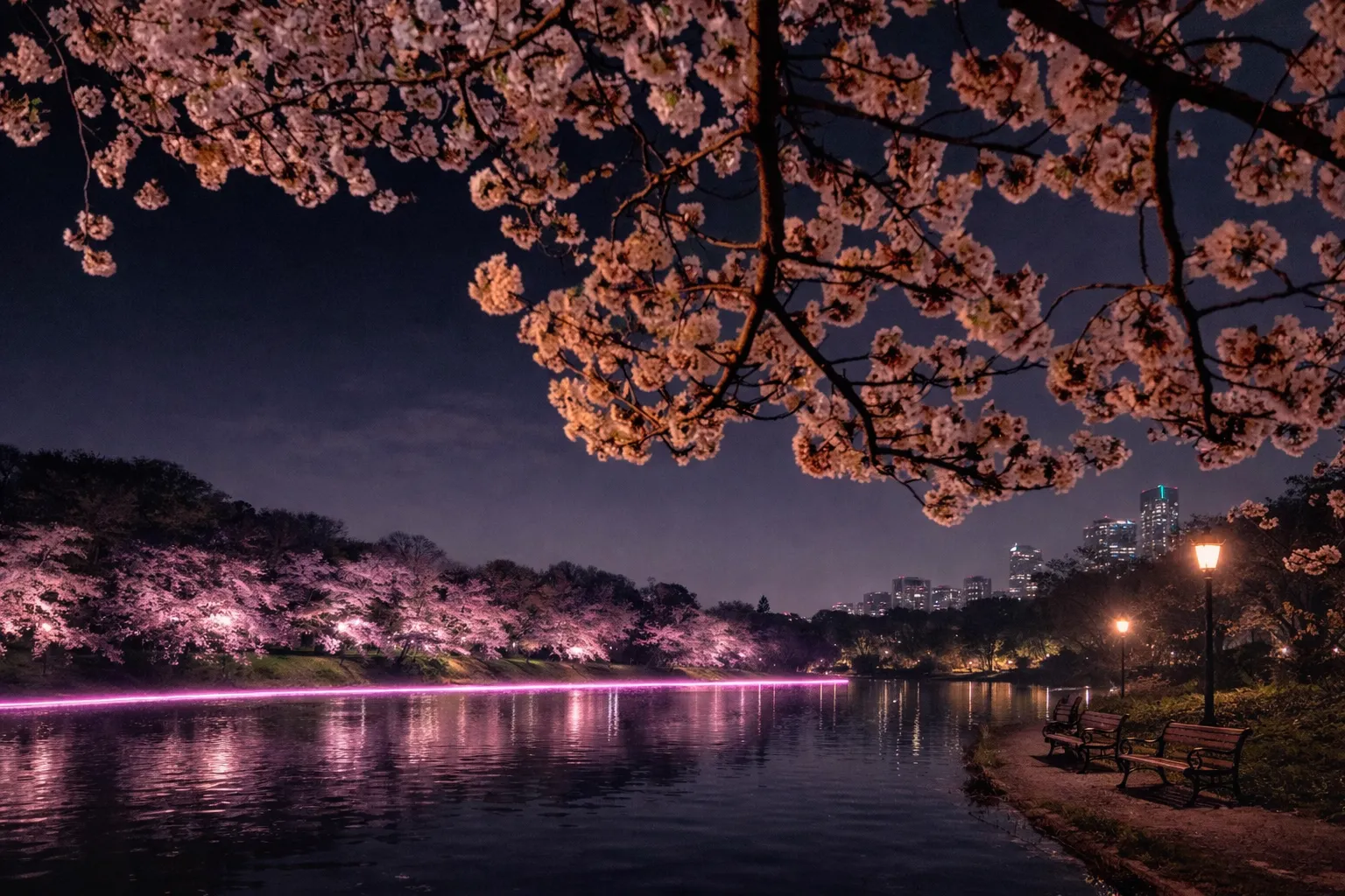 Neon skyline reflected on a lake