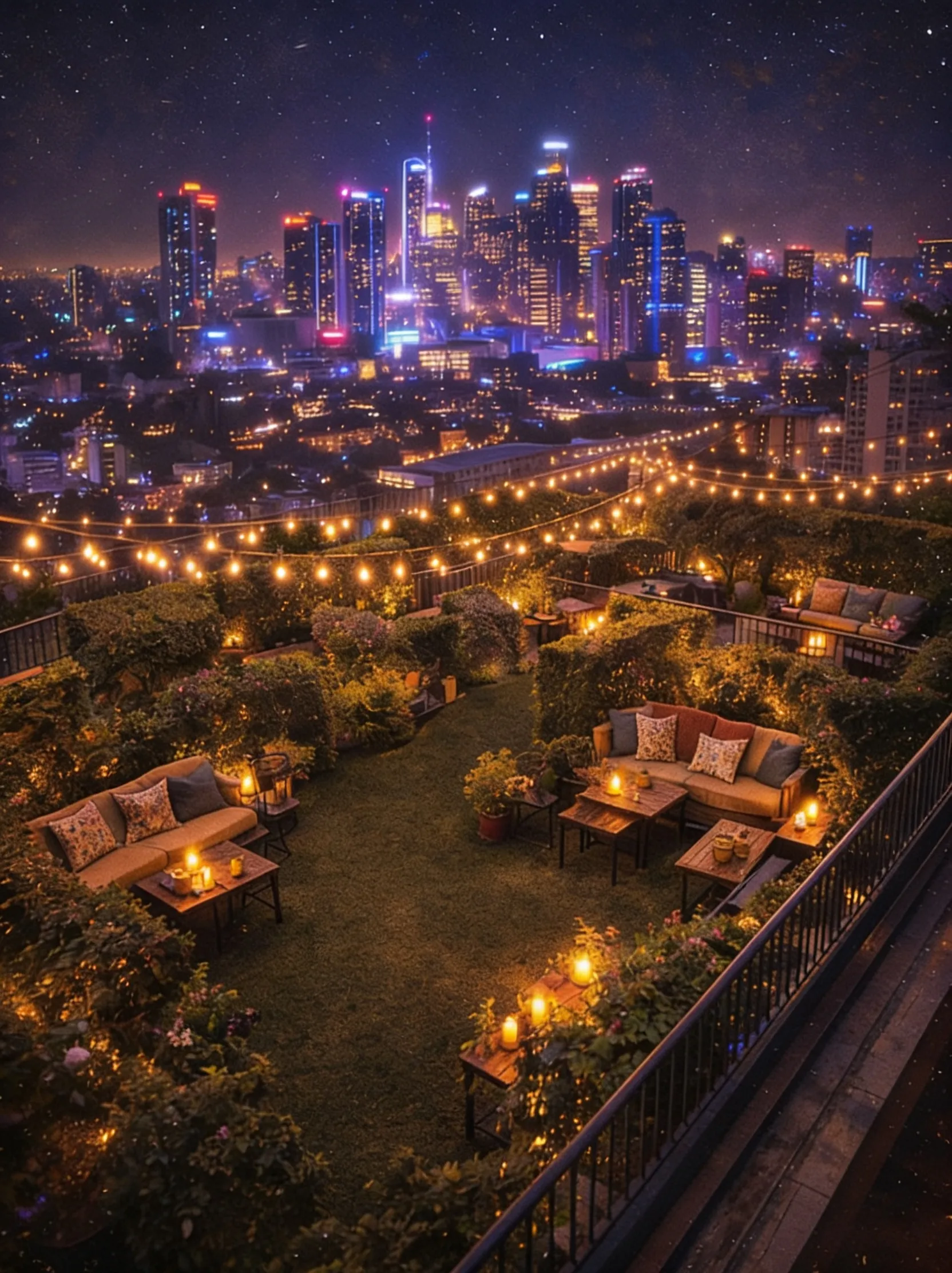 Rooftop garden of Lunar Heights lit by a silver lunar glow