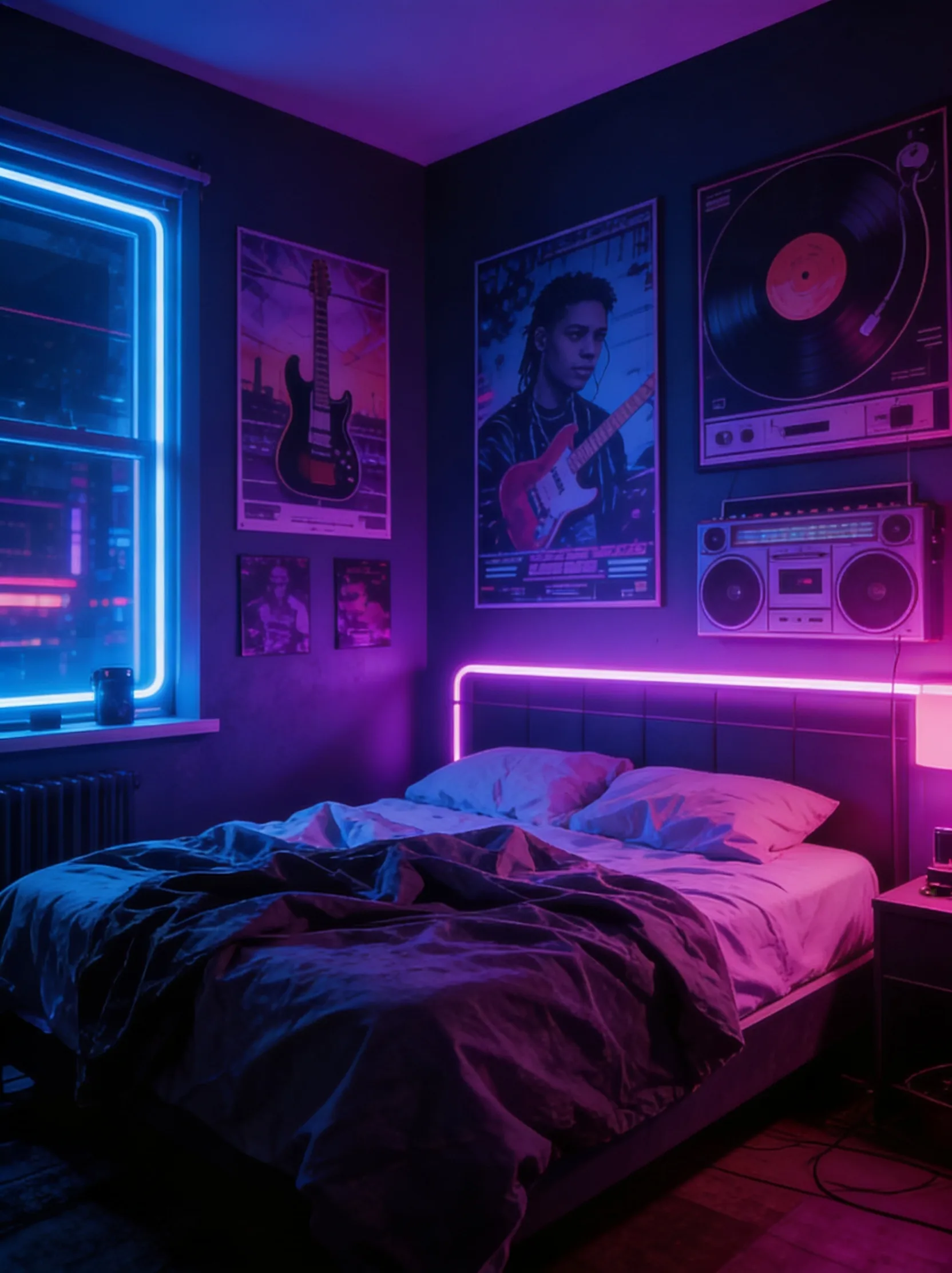 Bedroom with a neon-lit bed