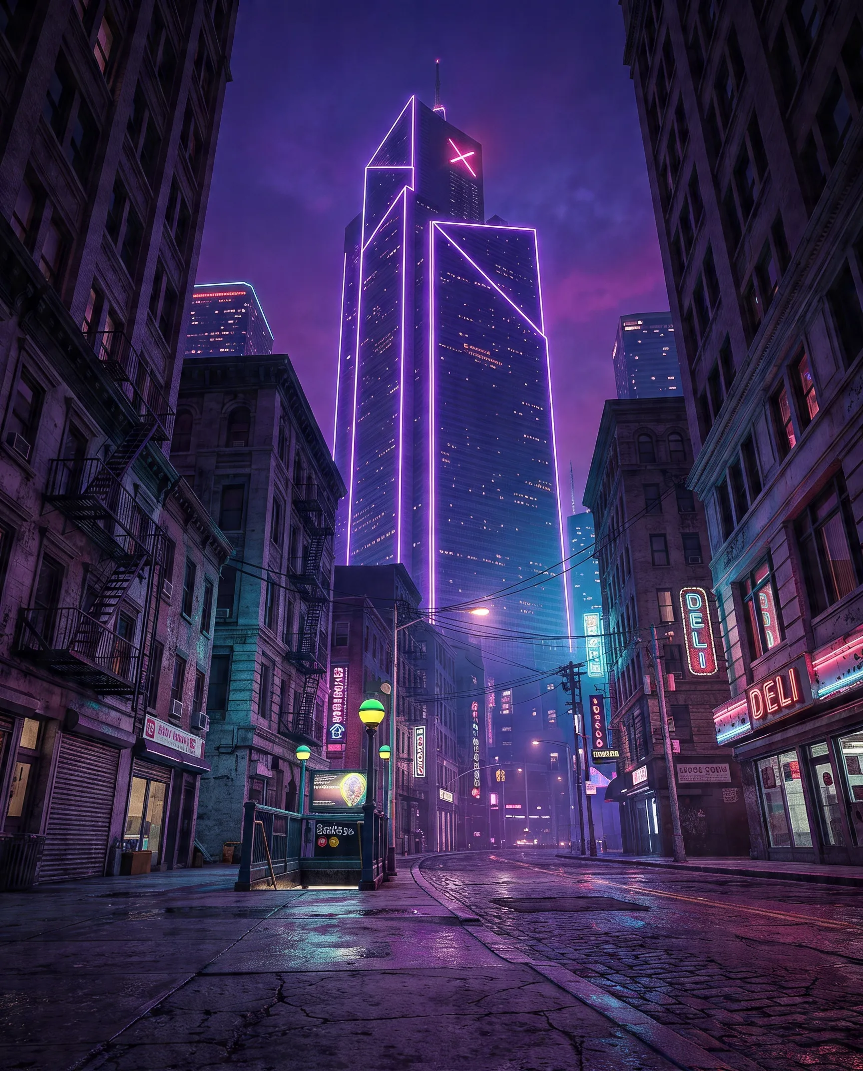 Low-angle view looking up at the towers of Aurora District at night